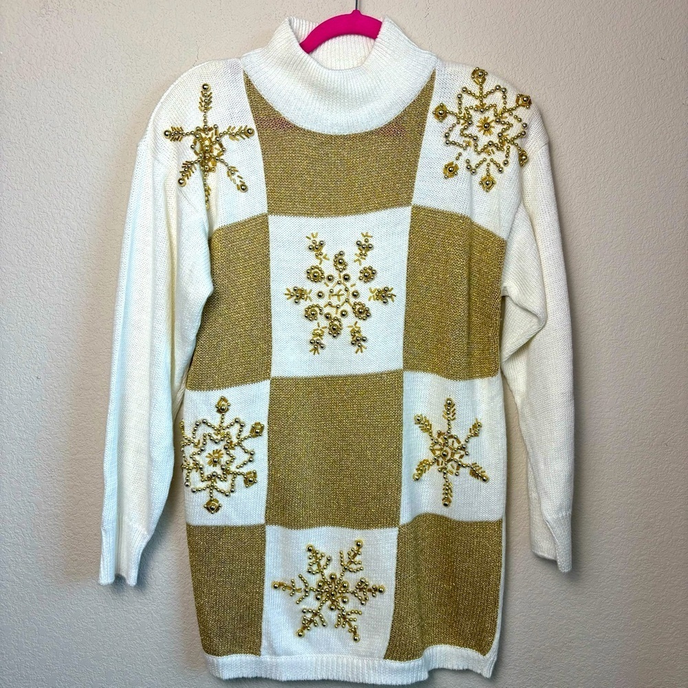 NWT Vintage Hand Beaded Metallic Snowflake Turtleneck Christmas Sweater M